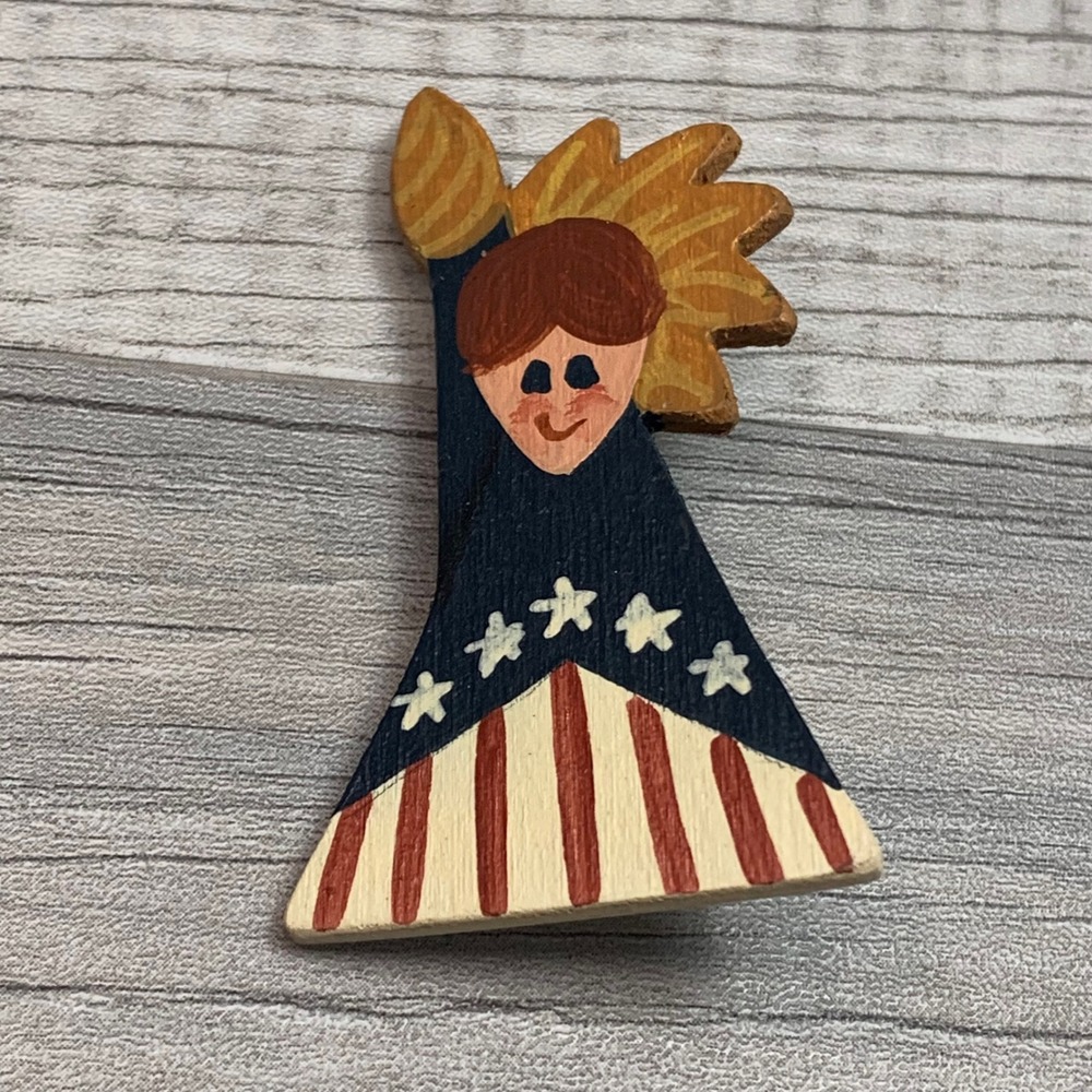 Patriotic Wooden Angel Pin Hand Painted Folk Art Americana Stars Stripes Brooch